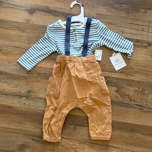 Striped Henley Top with Rust Suspender Pants - Baby Outfit
